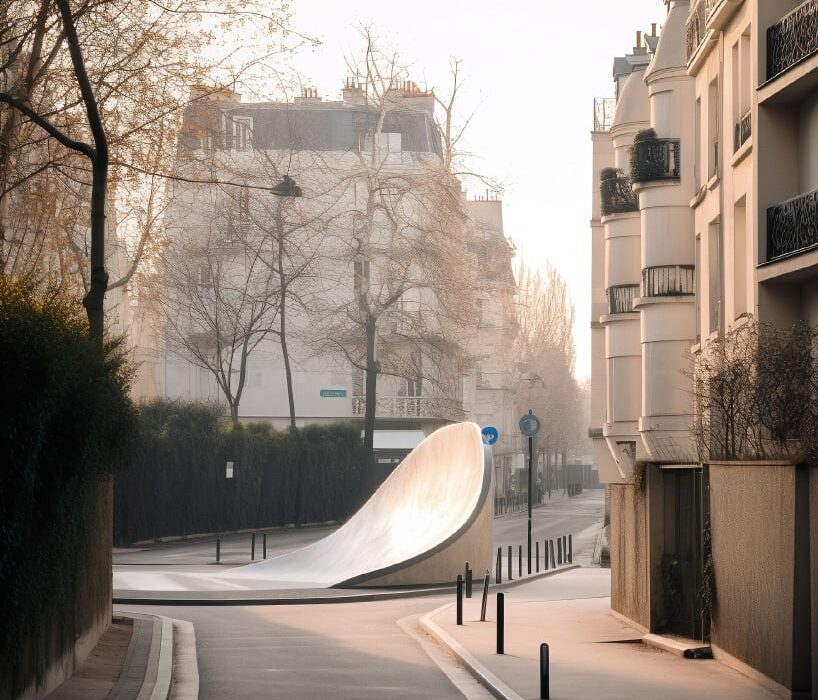 sweeping AI-generated skateparks emerge from paris’ cityscape