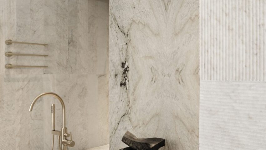 Marble bathroom in Habitat 100, Sweden, by Note Design Studio